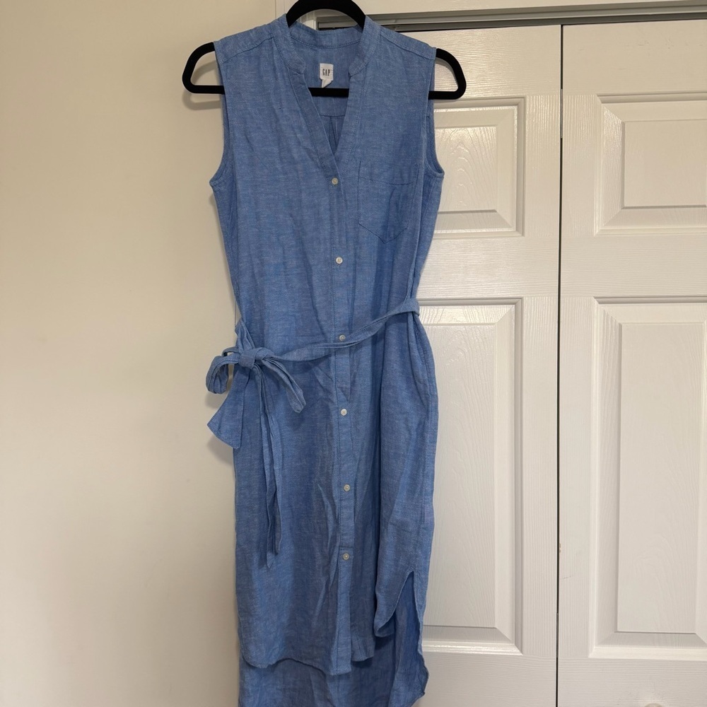 Gap Chambray Blue Linen Blend Sleeveless Button Down Belted Dress Size XS, NWT